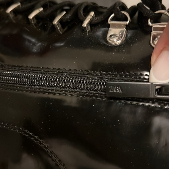 Zara Platform High Stacked Heel Lace-Up Booties Black "Patent" size 39 - Picture 7 of 10